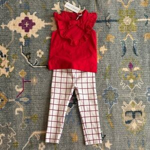 Janie & Jack 2T 2pc Red Ruffle Bow Tank NWT with White windowpane leggings EUC
